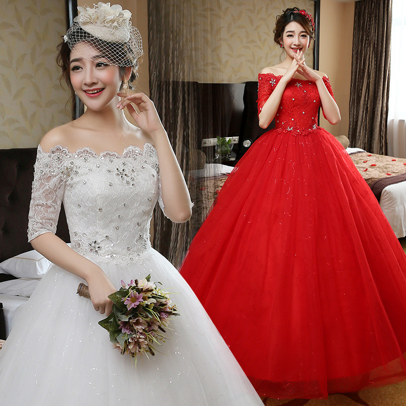 Charming a-Line Half Sleeve Tulle Lace Appliques Vintage White Red Wedding  Dress