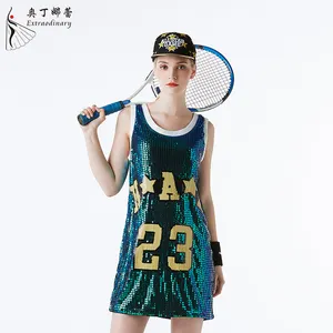 Frauen lockeres ärmelloses Kleid Pailletten hemd Kleid Baseball Jersey Pailletten übergroßes Kleid