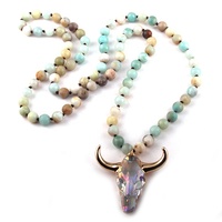 Collier en pierre d'amazonite naturelle pour femme, style dropship, avec pendentif tête de buffle en corne de taureau et cristal noué