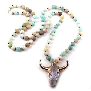 Collar con colgante de cabeza de amazonita Natural para mujer, colgante de cristal anudado con calavera de búhos, cuerno de toro - Product Image 3