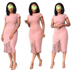YSMARKET Bleu Marine Robe moulante Rose Élégant Bureau Dame OL O Cou Manches Courtes Zip Dentelle Patchwork Mince D'été Robe Midi - Product Image 1