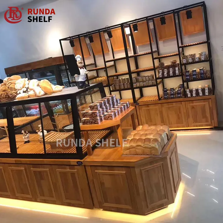 FV-05 Food Stores Bread Shelf Supermarket Bakery Showcase Rack Opening Shelf Bread Wooden Display Shelf Wooden Case 800-1000mm