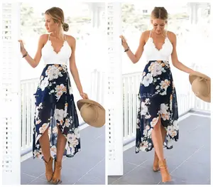 Ebay Wish เดรสคอวีสำหรับผู้หญิง,ดีไซน์ใหม่เดรสผ้าชีฟองสำหรับชายหาดเปิดหลังลายดอกไม้