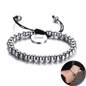 6MM Stainless Steel Bead Handmade Braided Adjustable <strong>Drawstring</strong> <strong>Bracelet</strong> for Men Women Custom Engraved Coin Charm <strong>Bracelet</strong> - Product Image 3