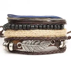 Punk Metal Feather Wood Beads Braclets & Bangles For Men Boy Cool Wristband Fashion Rock Multi Layer feather leather bracelet