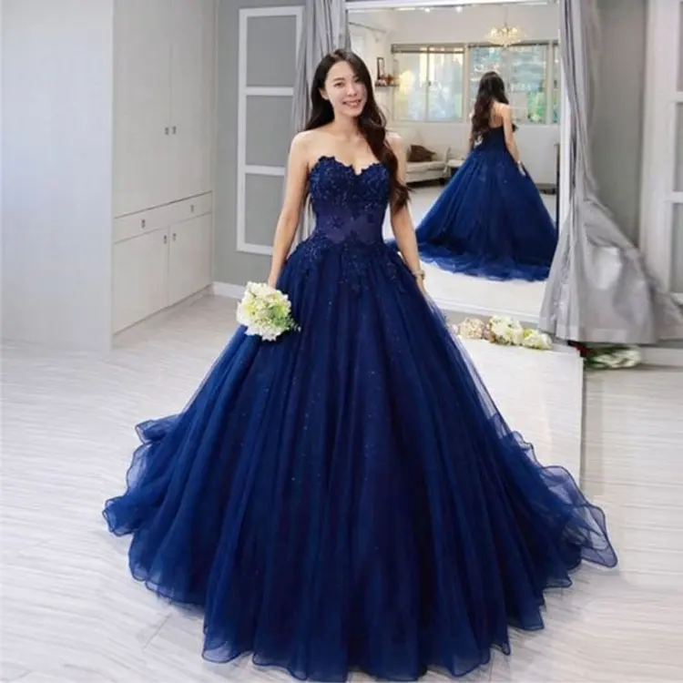 New Fashion Party Wear Long Ball Gown Prom Dress Sleeveless Applique Blue Gowns