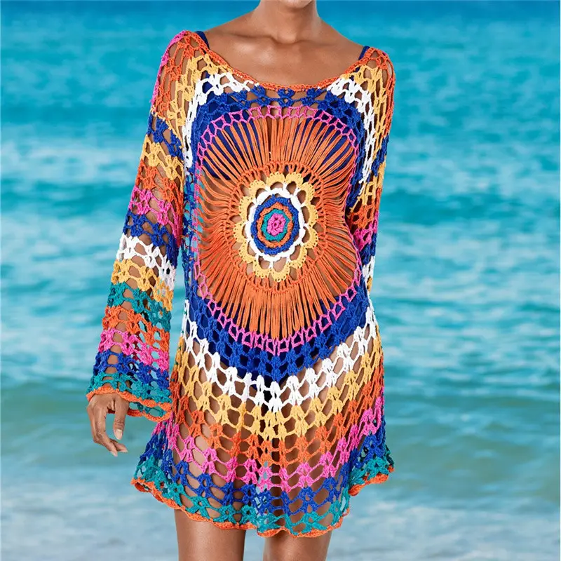 Boho Buntes Paisley Strickkleid Sexy Cover Up Beach Durchsichtig Langarm Aushöhlen Regenbogen Häkeln Mini kleid Y11043