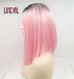 LINDAL sintetico bob diritto serico anteriore del merletto <span class=keywords><strong>parrucca</strong></span> di capelli ombre di colore di due toni di colore rosa bianco le donne bob parrucche - Product Image 3