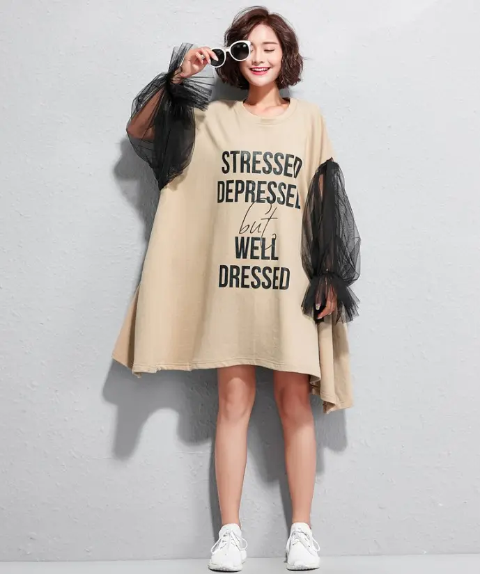 Ysmarket Korea Lente Nieuwe Mode Vrouwen Mesh Patchwork Lantaarn Mouw Jurk Vrouwelijke Letter Print Boven Knie Jurk E6228 #