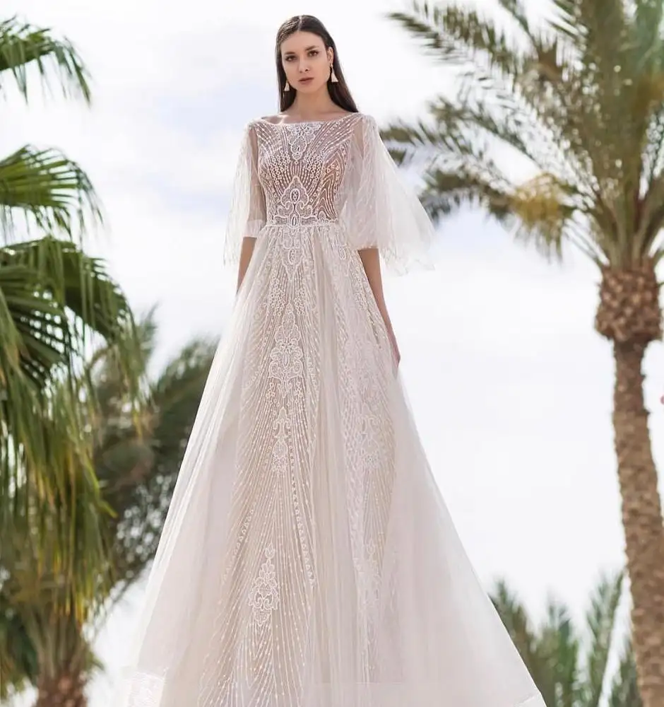 Eslieb A51 2019 Venta caliente cuello Barco de satén de novia de encaje vestido de media manga musulmán vestido de boda de oro Turquía Estambul