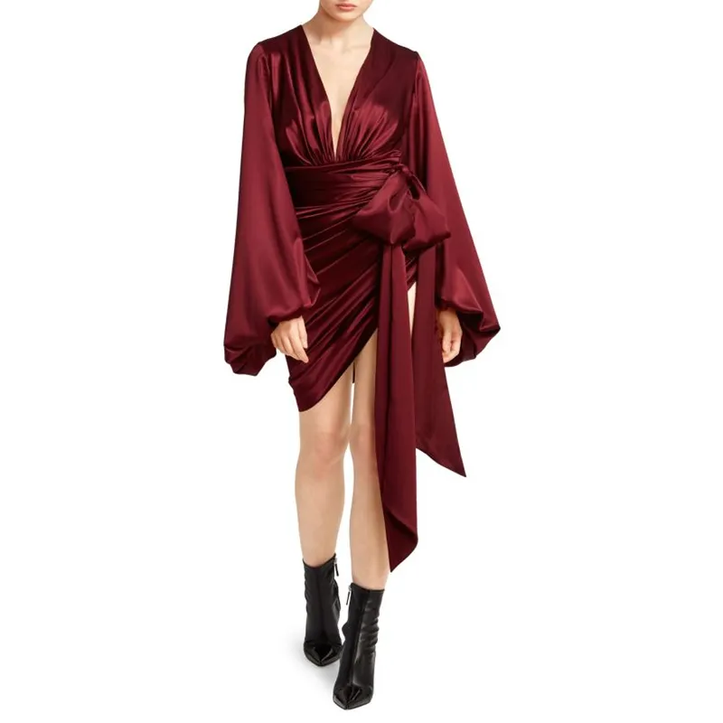 Elegant Satin Long Balloon Sleeve Tie Waist Dress Short Party Women Dresses