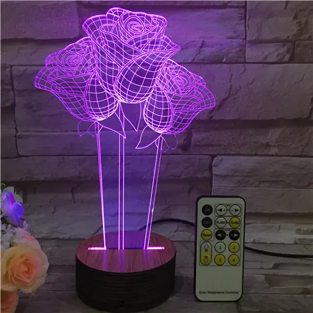 Unique Design 3D Illusion Lamp 7 Colors Changing Wooden Base LED Night Light for Lover Gift and Room Decoration