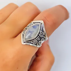 R415 Huilin Cincin Pertunangan Batu Bulan Biru India Cincin Berlian Warna-warni Antik Cincin Batu Permata Opal