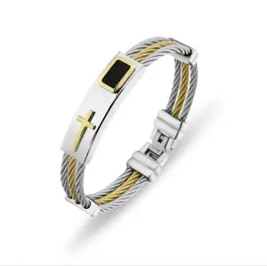Fashion Mens Stainless Steel Triple Wire Rope Braided Friendship Bangle Bracelets with Cross and Leather SZB113