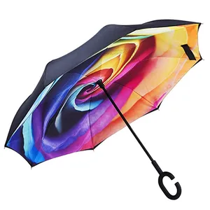 Guarda-chuva reverso com o céu do logotipo dentro da impressão completa c alça impressão do logotipo personalizado para guarda-chuvas retos invertidos promovidos