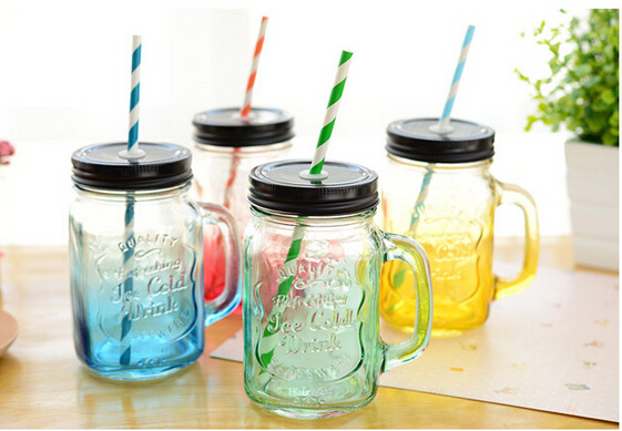 Mason Glass Drinking Jars Cocktail Glass Mugs Handle Tin Lid Straws Set