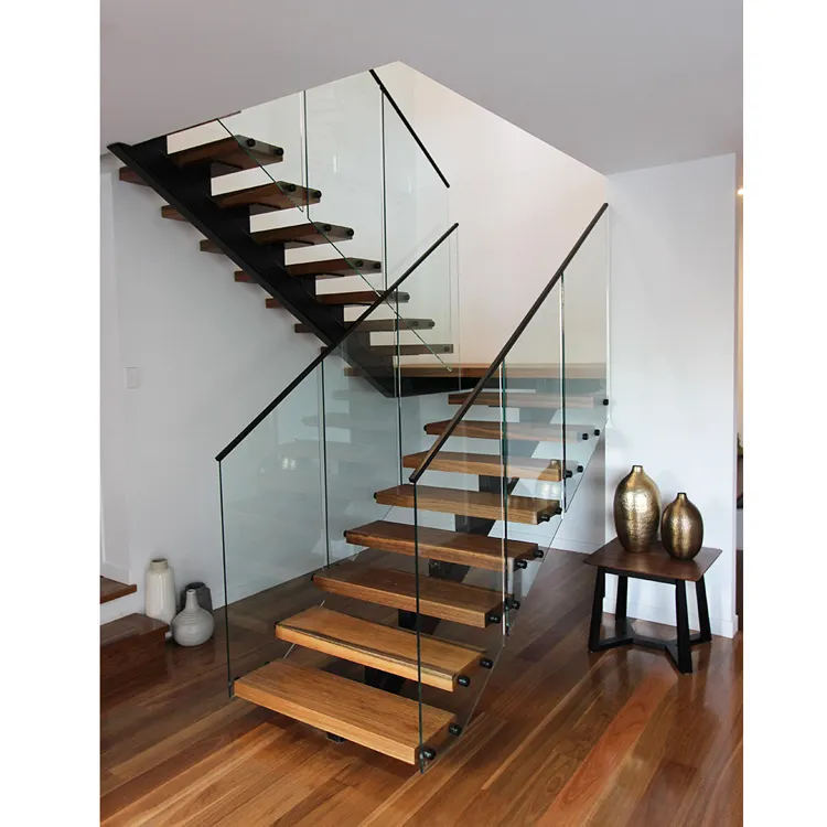 Escaleras de larguero de acero mono populares australianas con peldaños de madera de roble de 60mm de espesor ESCALERAS DE METAL de madera comercial con barandilla de vidrio