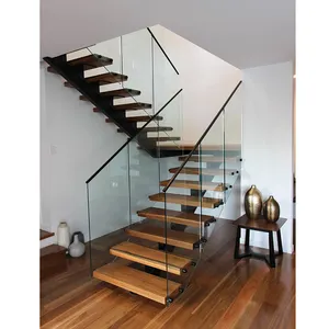 Australian Popular mono steel stringer stairs with 60mm thick oak wood treads commercial wooden metal stairs with glass railing