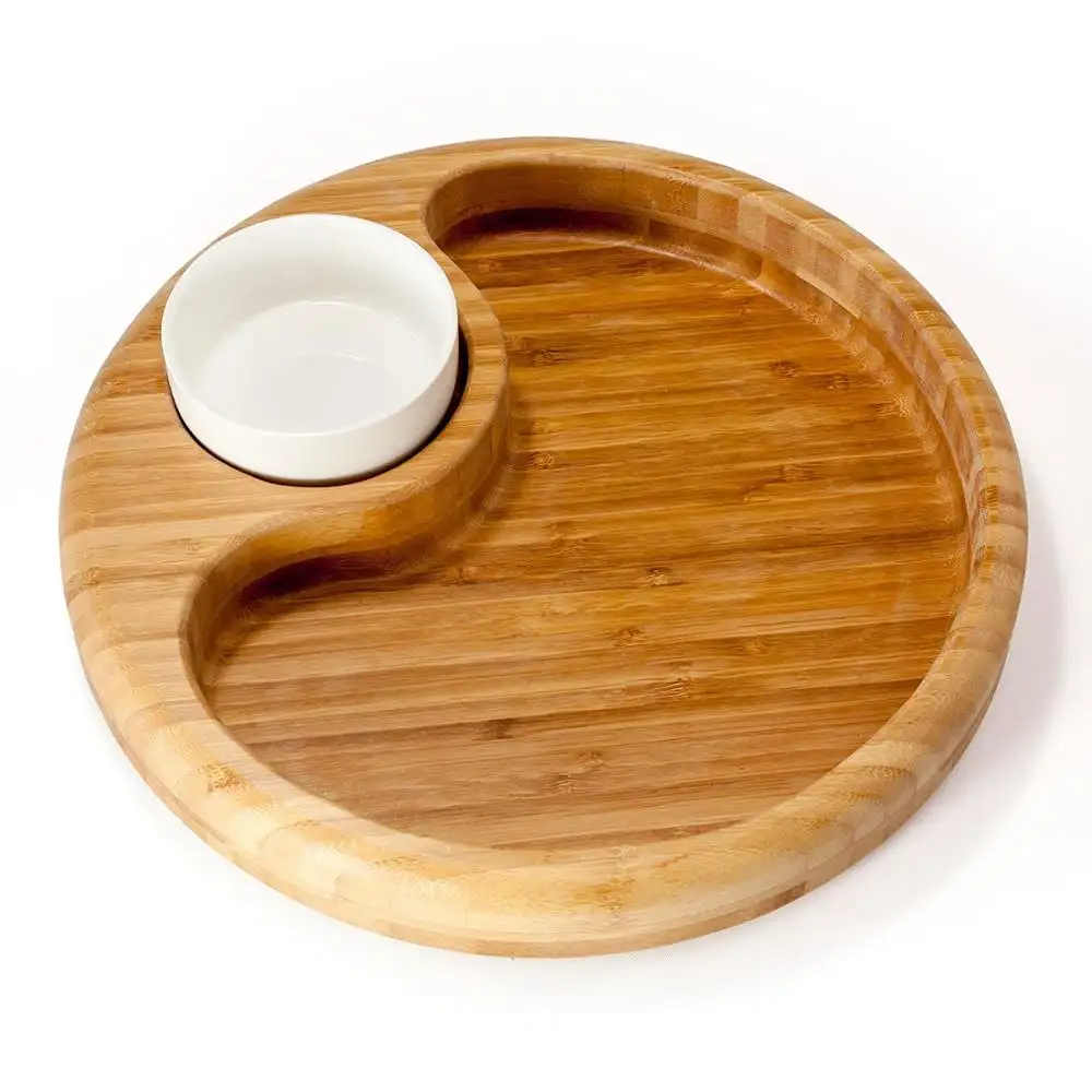 round polished safe natural Sturdy Construction Bamboo serving tray Cheese Plates with ceramic bowl