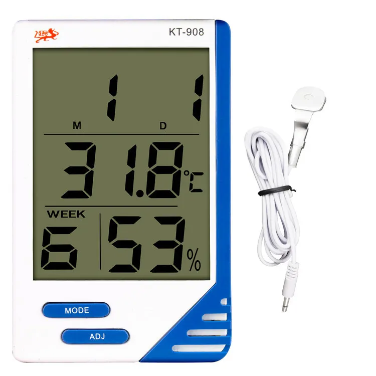 Großes LED-Display Digitales Thermometer-Hygrometer KT908 für den Außenbereich mit Sensor kabel und Uhr anzeige