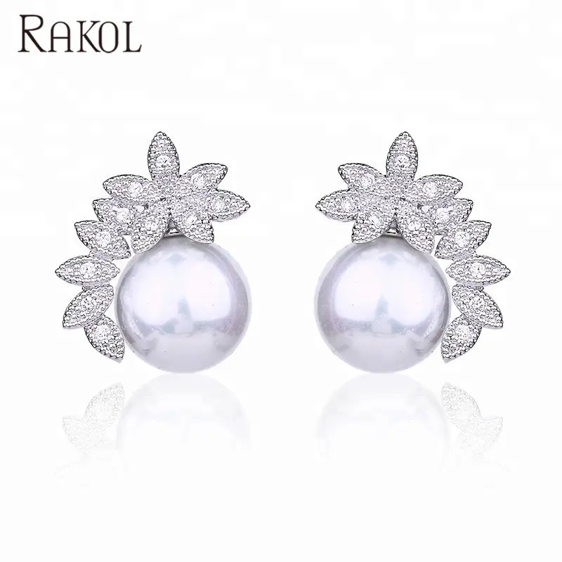 RAKOL EP178 Charming bridal wedding Jewelry Inlay Pearl Crystal Stud zircon CZ Earrings EP178