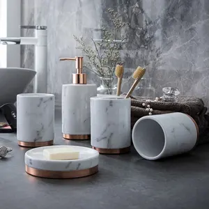 Base métallique effet marbre, 5 pièces, accessoires en céramique, ensemble de salle de bains