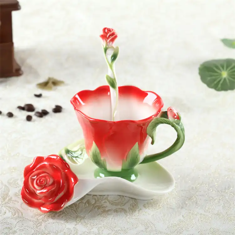 Unique Design Flower Shaped Colorful Ceramic Tea Cup Porcelain Coffee Mug And Saucer Spoon