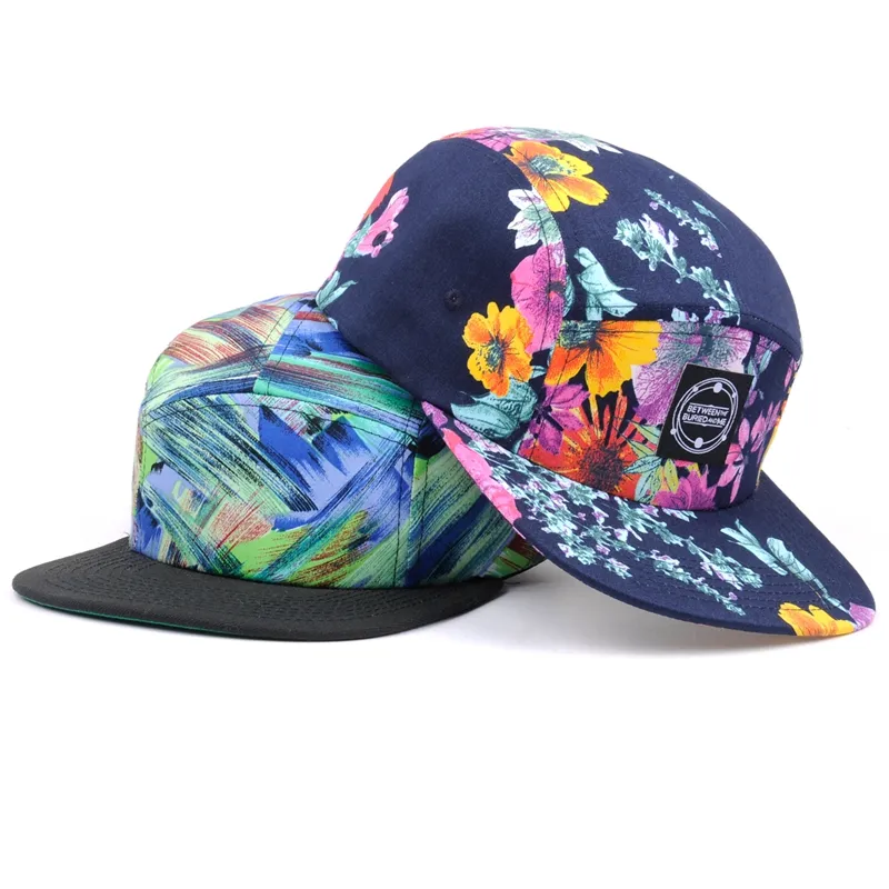 5 panneaux hawaii casquette plate snapback plein imprimé floral 5 panneaux casquette non structuré personnalisé