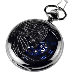 Montre <span class=keywords><strong>de</strong></span> poche mécanique steampunk pour homme, cadran bleu squelette antique avec chiffres romains, boîtier en alliage noir, remontage manuel, chaîne à breloque - Product Image 2