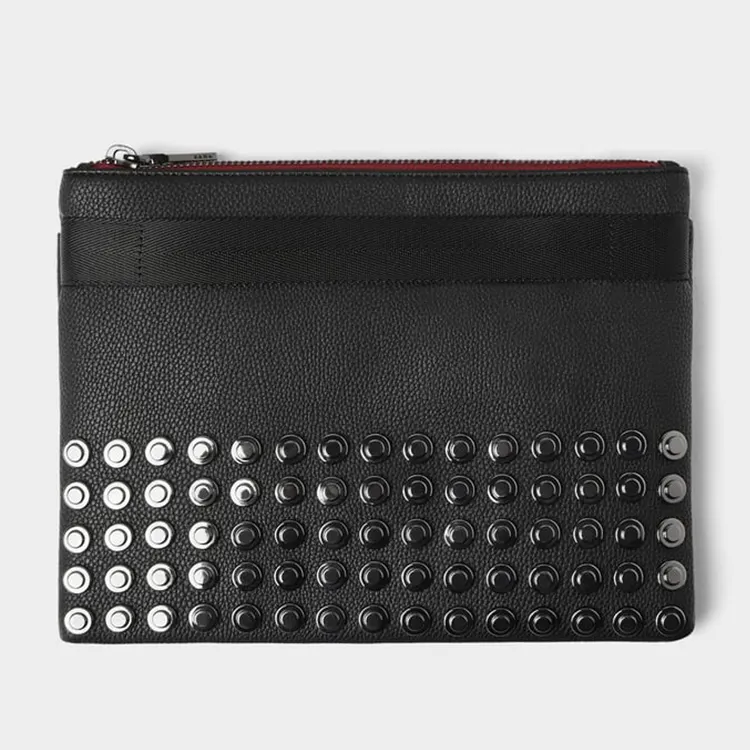 custom black pebble pu vegan leather studded mens zipper purse clutch bags for man