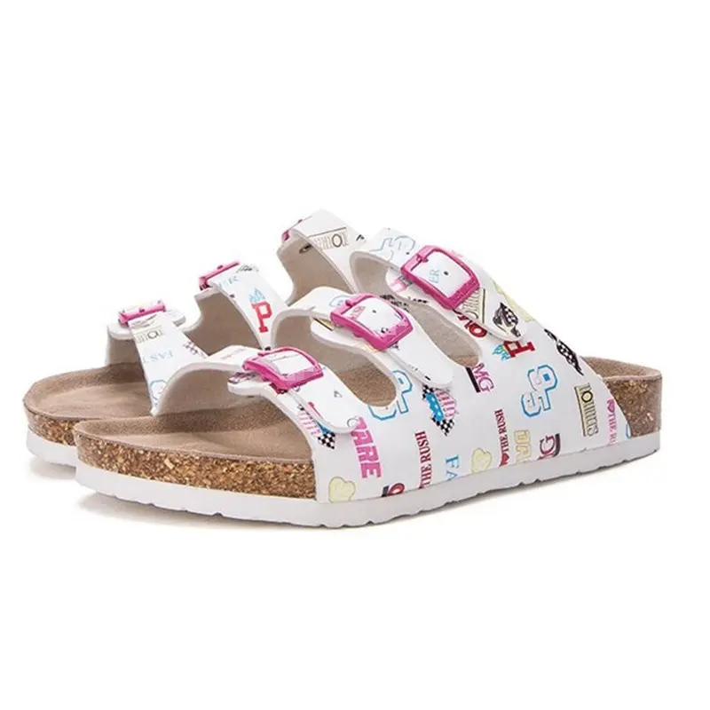 Neueste ausgefallene und bequeme Damen Damen Sommer Flat Cork Schuhe Sandalen mit Blumen druck Obermaterial