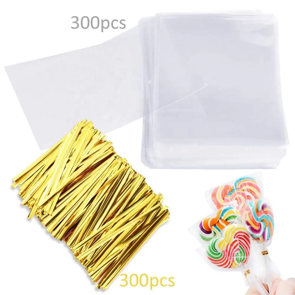 300 Pcs Tratar Sacos 3x5 "com 300 Laços de Torção-1.4 mils Espessura OPP Sacos De Plástico para Doces do Lollipop Bolo Cookie de Chocolate Pop W