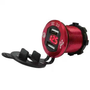 Waterproof Aluminum Dual QC 3.0 USB Car Charger Socket Power Outlet with Red LED Voltmeter