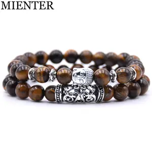 Con piedra pulsera de la salud para las mujeres cabeza de Buda de la pulsera de los hombres joya Ojo de Tigre Natural venta 8mm 2 unids/set de aleación de Zinc de 12pcs