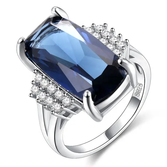 Vrouwelijke Blue Oostenrijkse Crystal Princess Cut Stone Trouwringen Voor Vrouwen Zilver Gevuld Grote Witte Zirkoon Engagement Sieraden