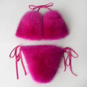 中国工厂热卖蓬松女装毛皮胸罩女士夏季时尚真正的狐狸毛皮丁字裤比基尼