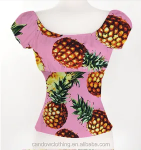 Blusa feminina estampada frutas, abacaxi limão ombro fora babado sexy costas baixas