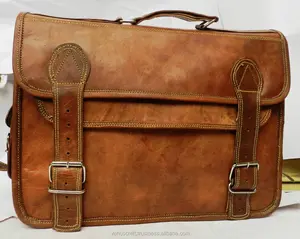 Bolsa de couro puro para laptop e escritório, bolsa estilo carteiro feita à mão, vintage, de couro