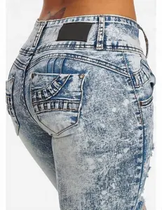 Royal Wolf Denim Jeans Fabrikant Blauwe Gebleekte Retro Wassen Ripped Slit Skinny Colombiaanse Butt Lifter Jeans