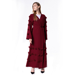Promotional Loose Winter Islamic Abaya <strong>Kimono</strong> <strong>Black</strong> Women <strong>Long</strong> Lace Batwing Sleeve Front Open Beading Dubai Dress Polyester - Product Image 2