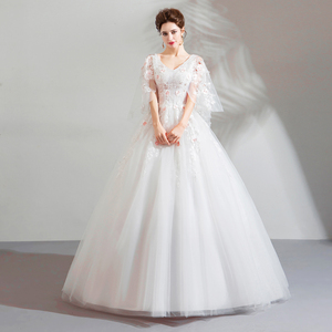 2019 Spring New Korean <strong>Plus</strong> <strong>Size</strong> 3xl Ivory Flower Beaded Floor Length Batwing Sleeve Lace up Back Princess <strong>Wedding</strong> <strong>Dress</strong> - Product Image 6