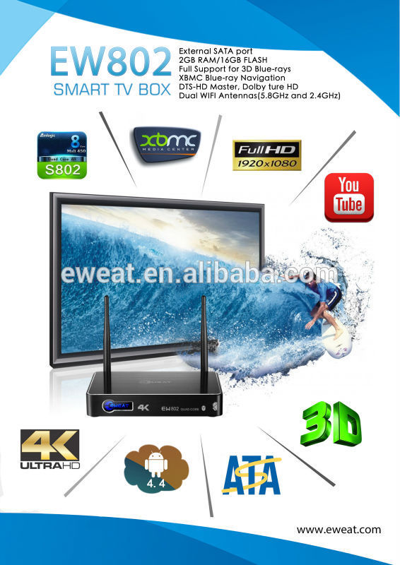 Android tv box 4k*2k amlogic s802 quad core xbmc intégré- wifi ew802