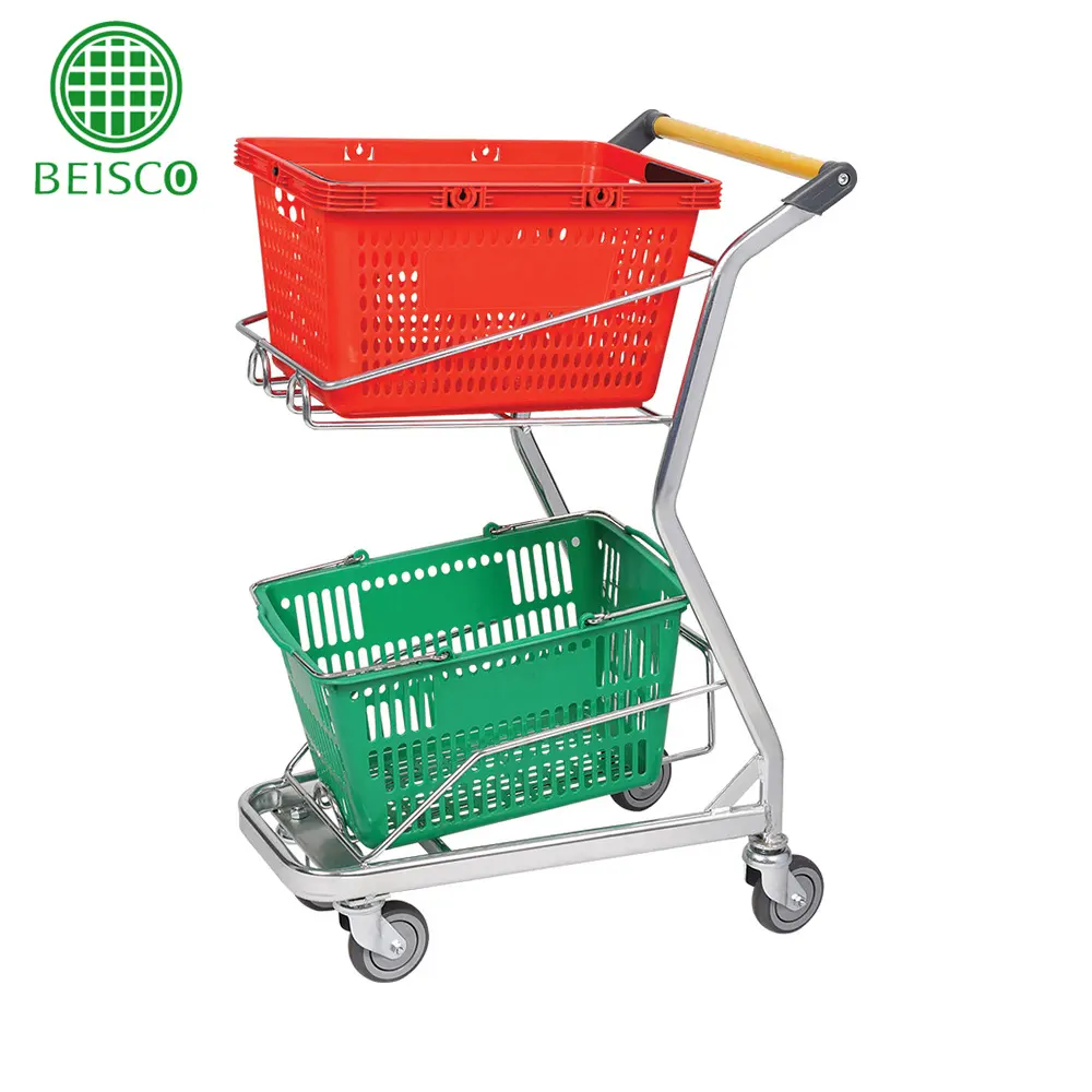 double basket supermarket shopping trolley with advertising sign holder, commercial Shopping Basket Trolley