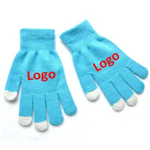 Gants d'hiver chauds en acrylique tricotés avec logo personnalisé en PVC imprimés bon marché Gants pour adultes avec embouts intelligents pour écran tactile
