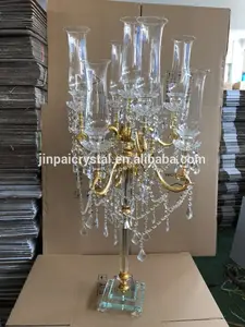 Glass Hurricane Wedding 9 Arm Candle Holder Gold Crystal Wedding Table Centerpiece Holders