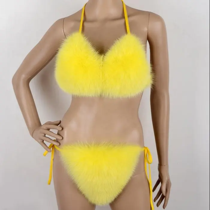 Couleur personnalisée De Luxe ensembles complets de fourrure de dames soutien-gorge bikini et fourrure pantoufles diapositives de fourrure de renard pour les femmes