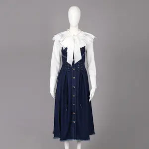 Dress Wanita, Set Pakaian Putih Berkerut Dasi Kupu-kupu Potongan Blus Atas dan Tali Yang Bisa Disesuaikan Denim