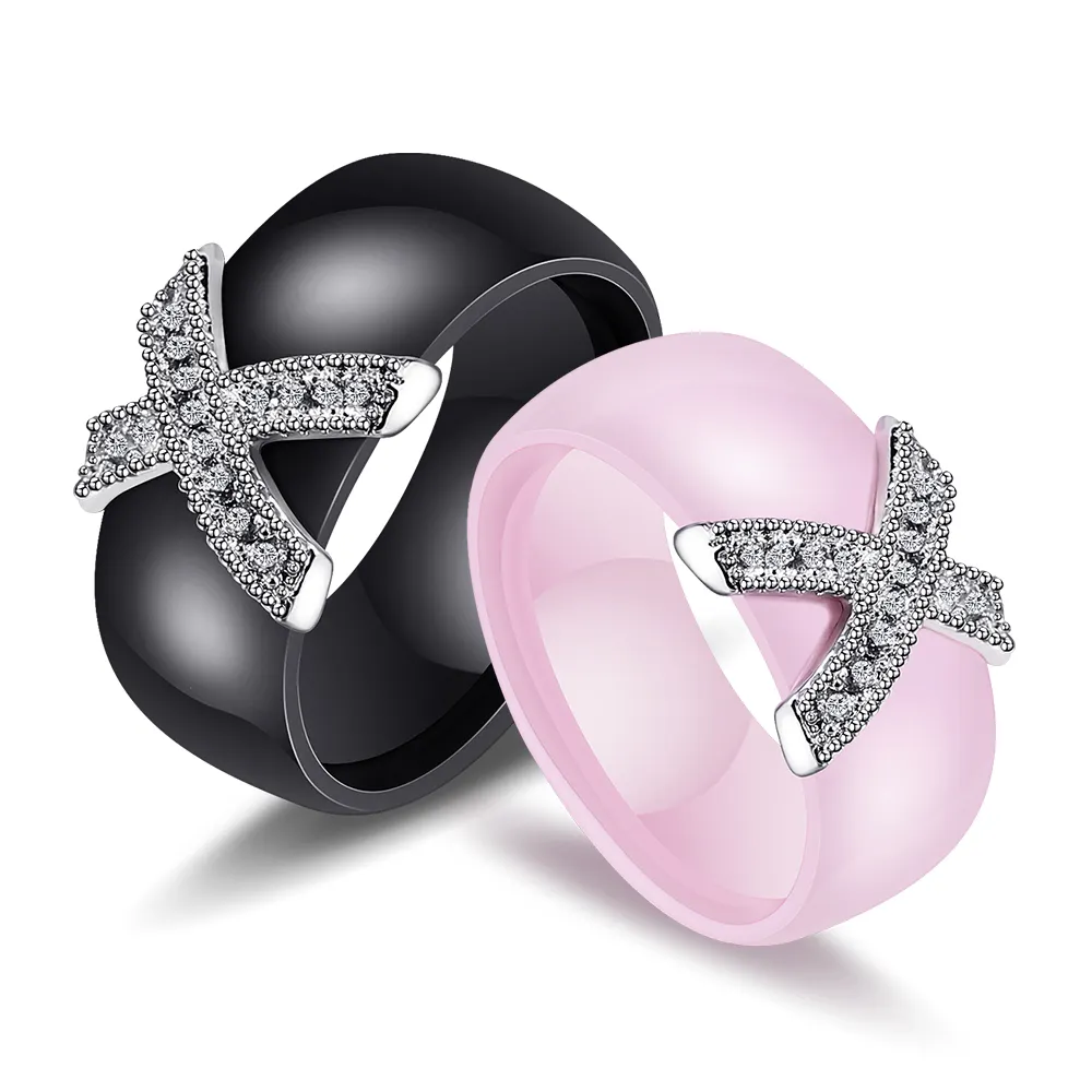 Fashion Fine Jewelry 8 mm Ceramic Rings Women Crystal Cross Design Wedding O Ring Gift Ceramic Rings For Women