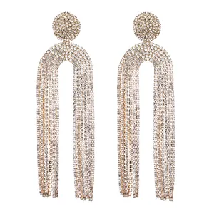 Exaggerated Luxury Long Tassels Rhinestone Drop Chandelier Earrings Wedding Bridal Party Earrings for Women