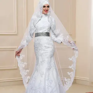 Gaun Pengantin Renda Muslim, Gaun Pengantin Cantik Sederhana Lengan Panjang Applique Renda Putri Duyung Leher Tinggi 6002 #